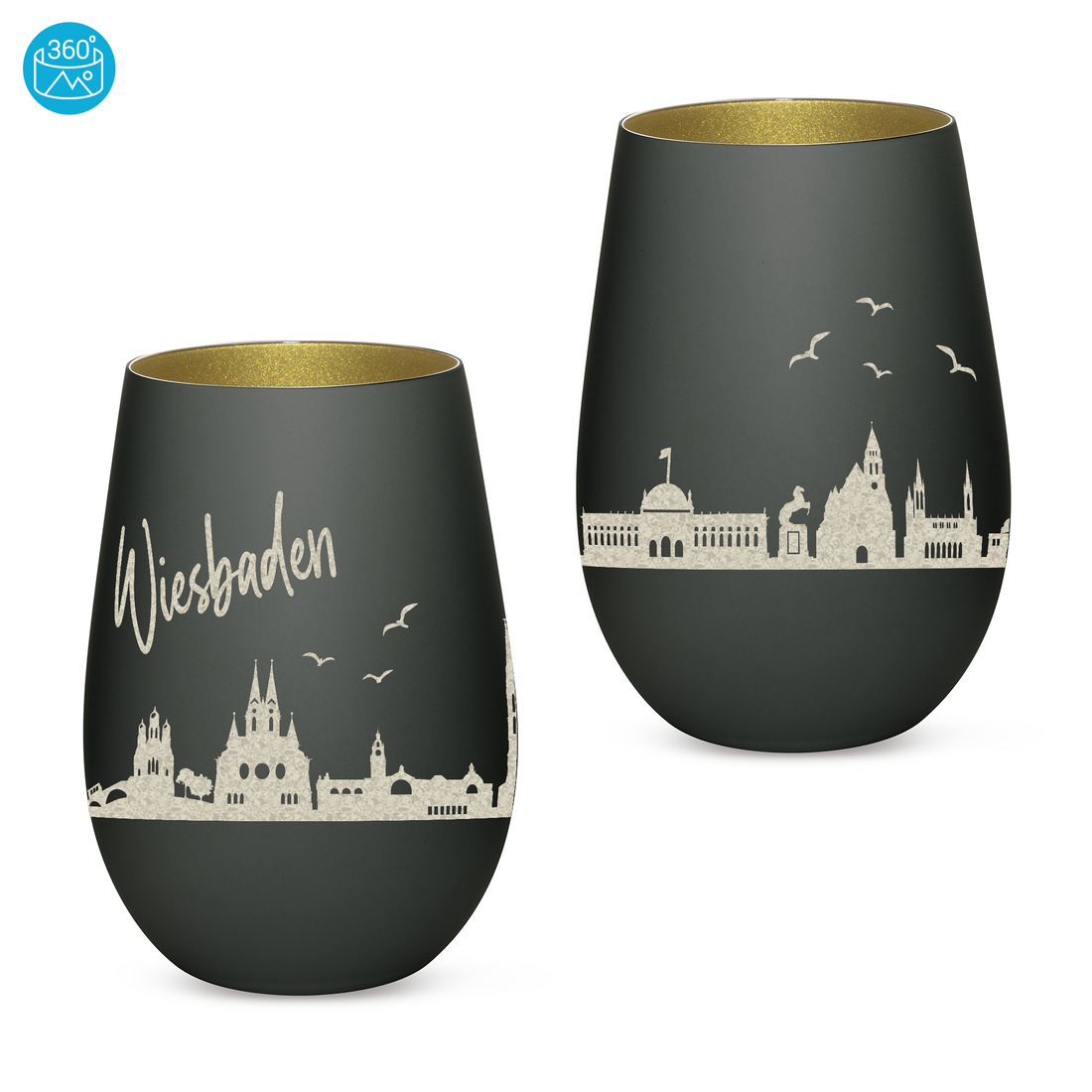 Edles Glas Windlicht mit Gravur "SKYLINE WIESBADEN" in 6 verschiedenen Farben