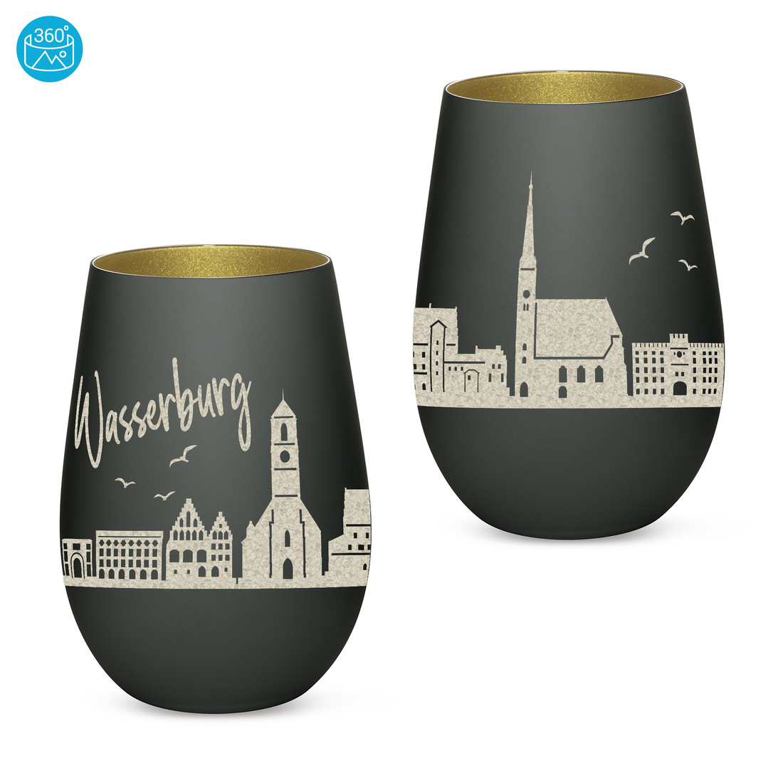 Edles Glas Windlicht mit Gravur "SKYLINE WASSERBURG" in 6 verschiedenen Farben