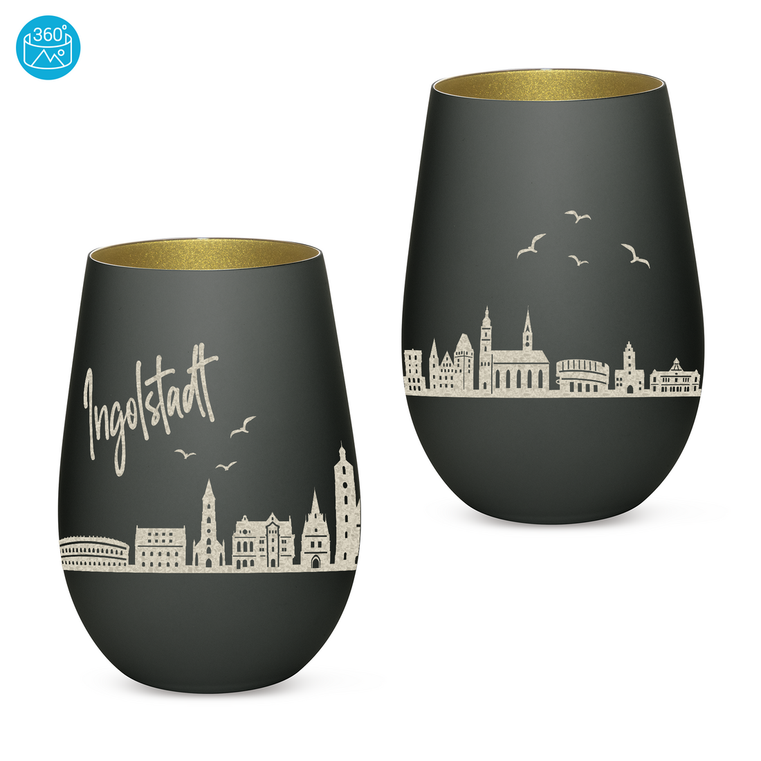 Edles Glas Windlicht mit Gravur "SKYLINE INGOLSTADT" in 6 verschiedenen Farben