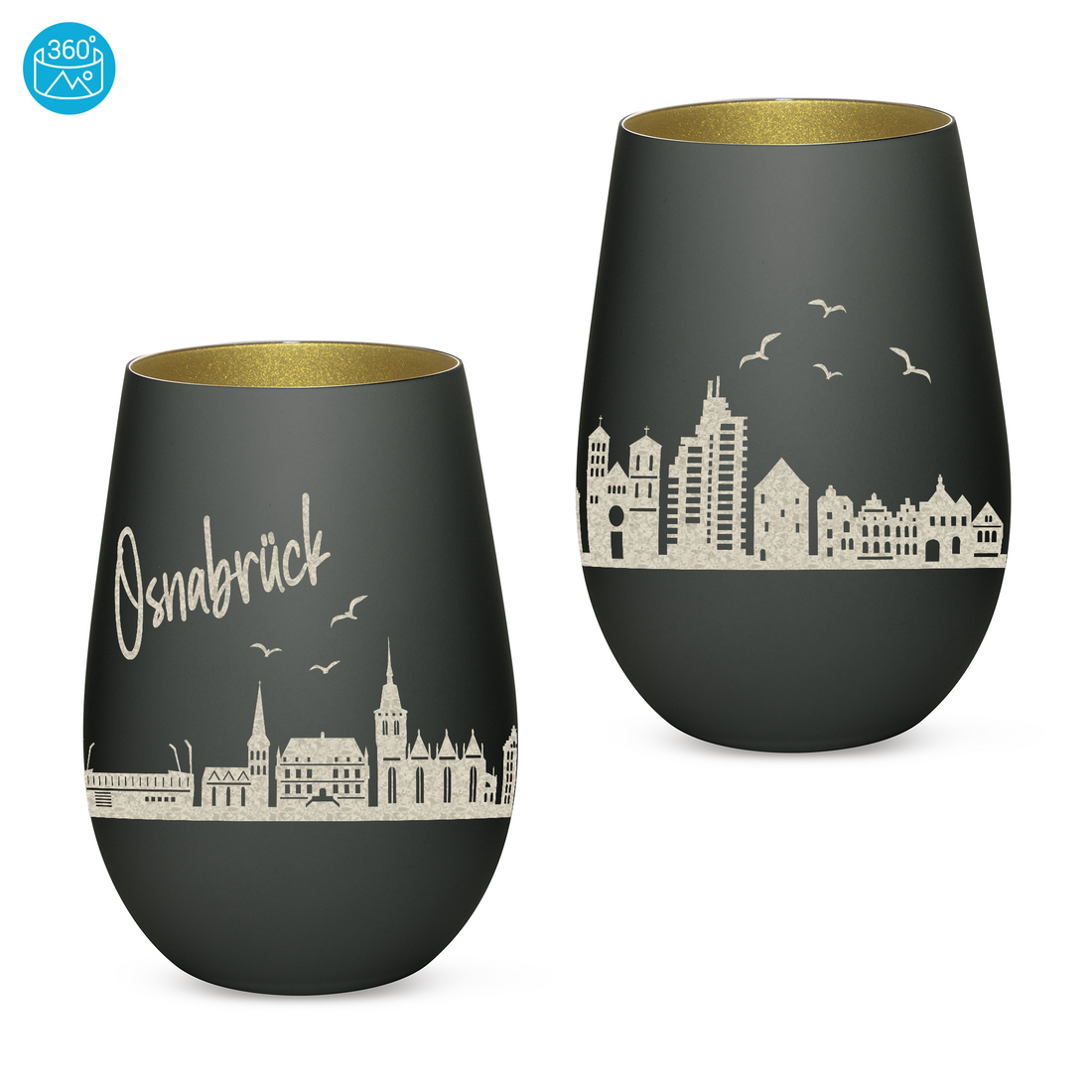 Edles Glas Windlicht mit Gravur "SKYLINE OSNABRÜCK" in 6 verschiedenen Farben