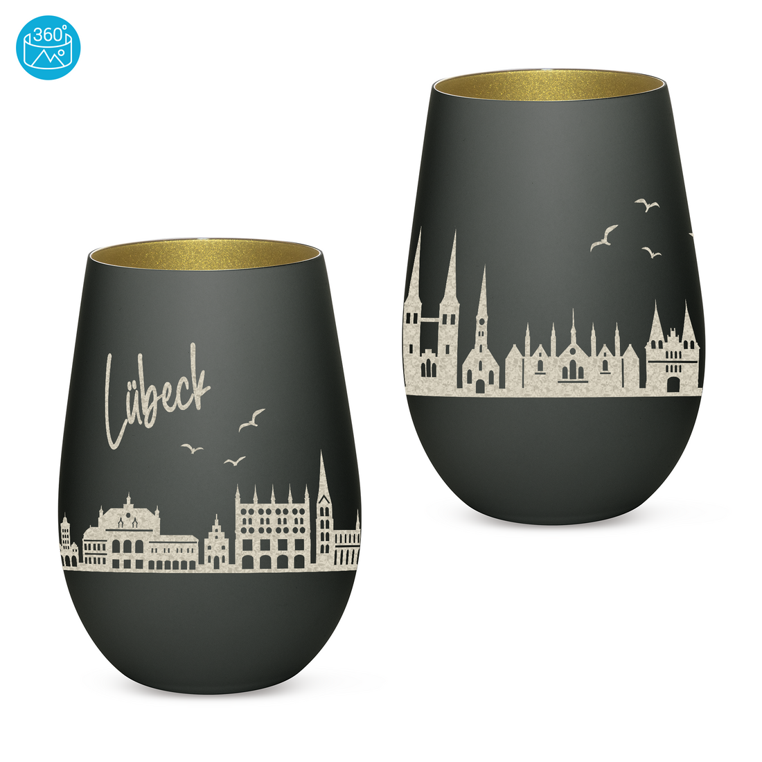 Edles Glas Windlicht mit Gravur "SKYLINE LÜBECK" in 6 verschiedenen Farben