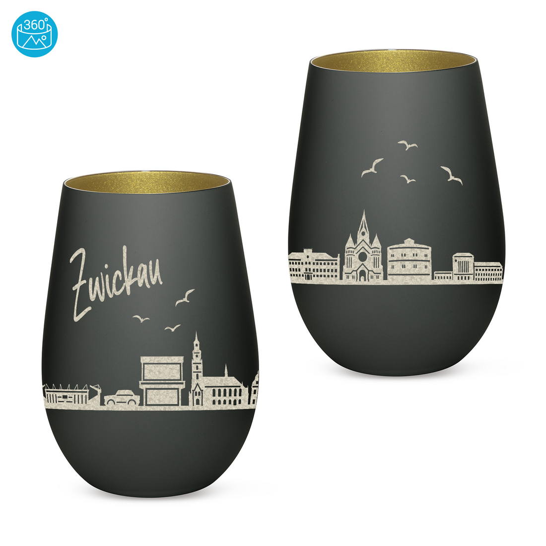 Edles Glas Windlicht mit Gravur "SKYLINE ZWICKAU" in 6 verschiedenen Farben