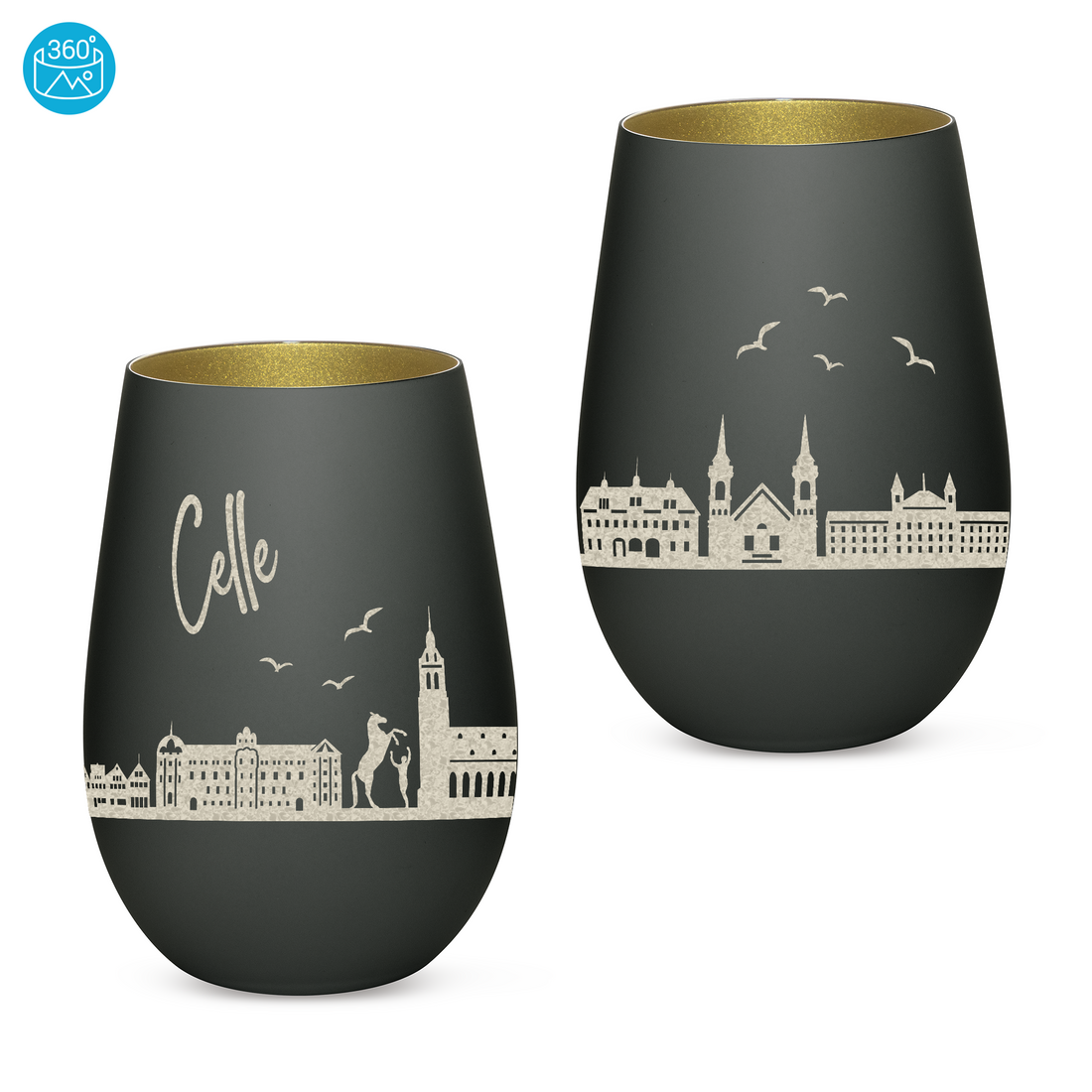 Edles Glas Windlicht mit Gravur "SKYLINE CELLE" in 6 verschiedenen Farben