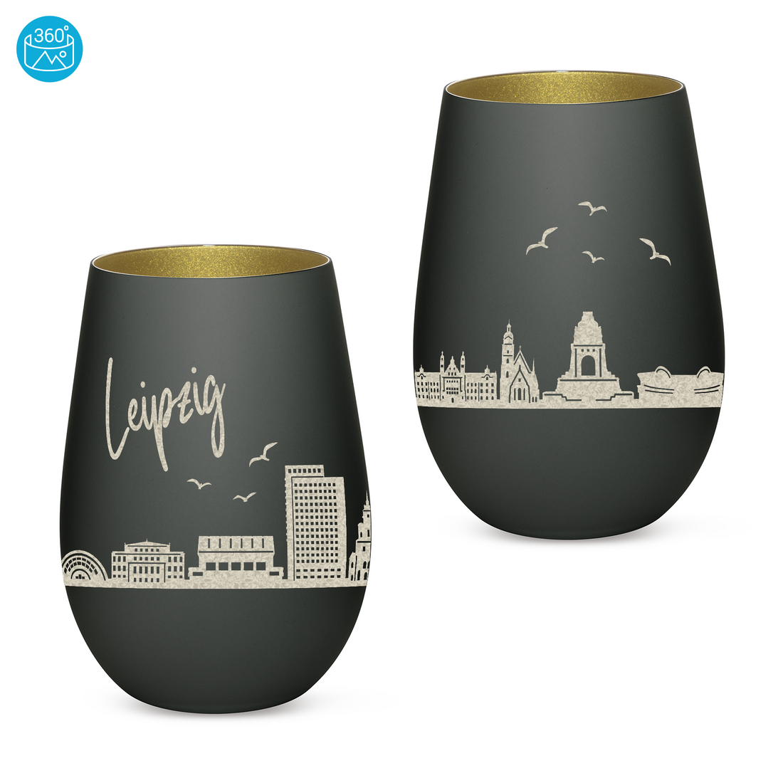 Edles Glas Windlicht mit Gravur "SKYLINE LEIPZIG" in 6 verschiedenen Farben