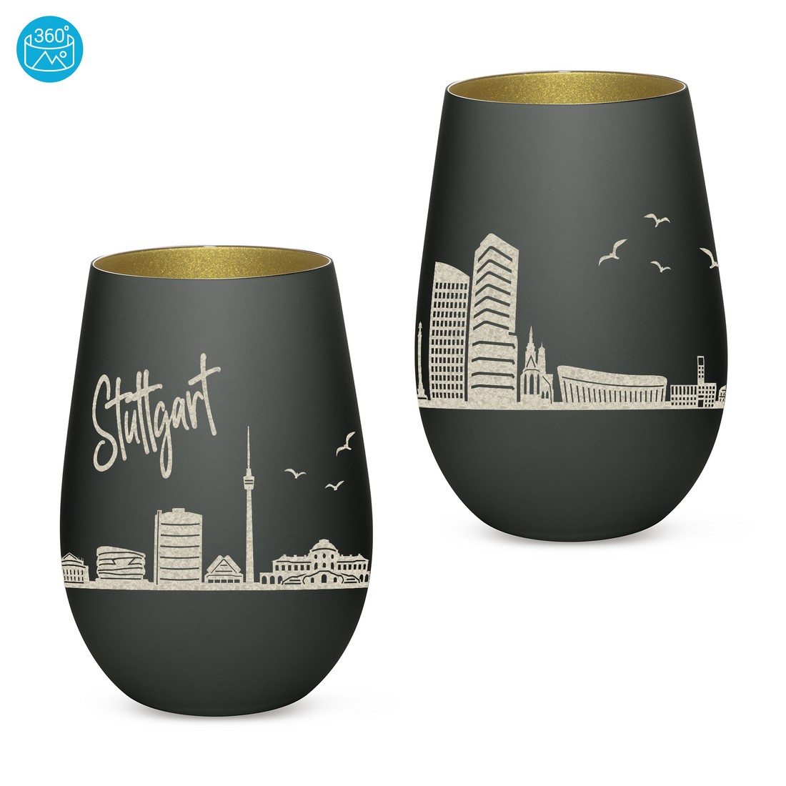 Edles Glas Windlicht mit Gravur "SKYLINE STUTTGART" in 6 verschiedenen Farben