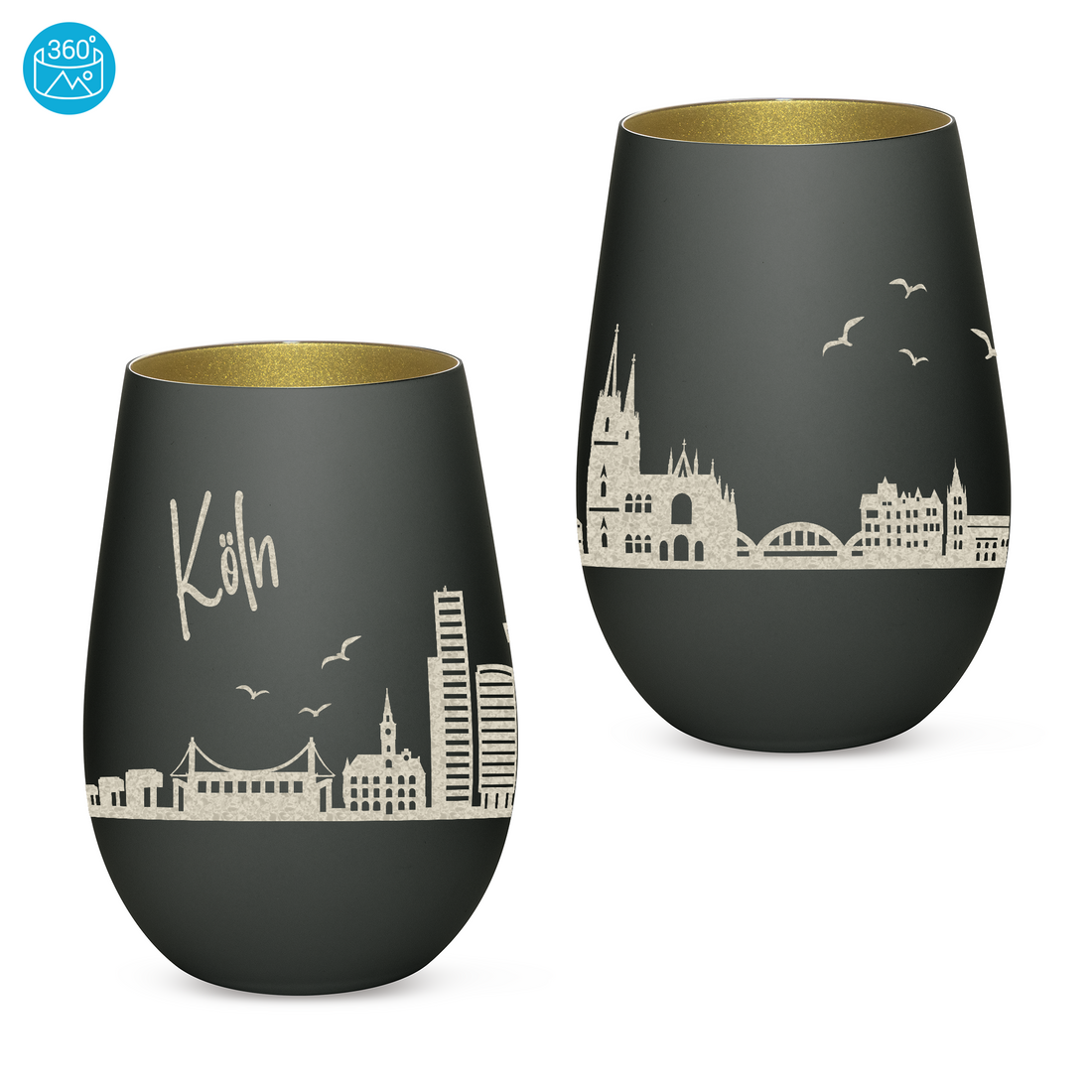 Edles Glas Windlicht mit Gravur "SKYLINE KÖLN" in 6 verschiedenen Farben