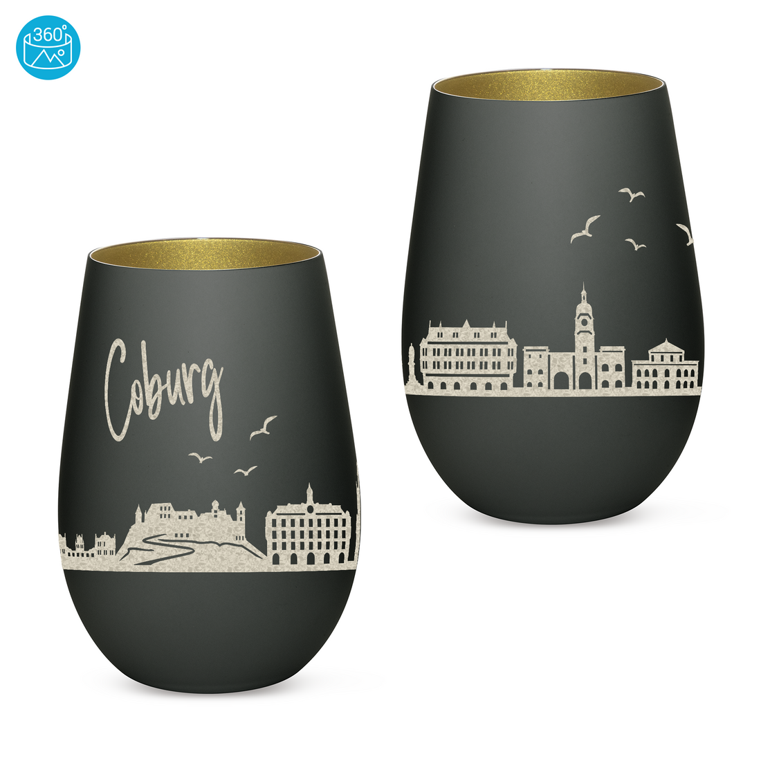 Edles Glas Windlicht mit Gravur "SKYLINE COBURG" in 6 verschiedenen Farben