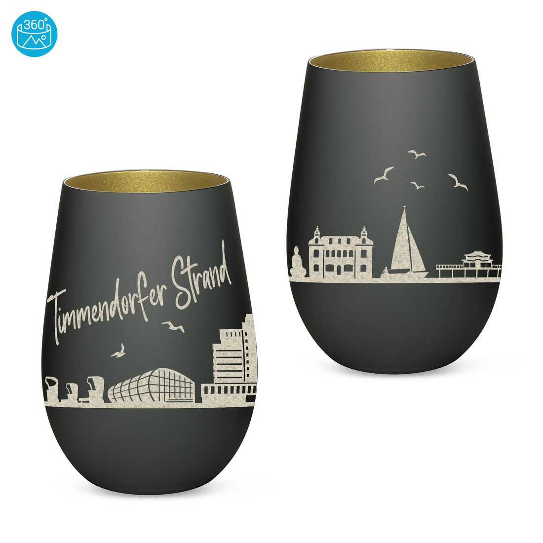 Edles Glas Windlicht mit Gravur "SKYLINE TIMMENDORFER STRAND" in 6 verschiedenen Farben