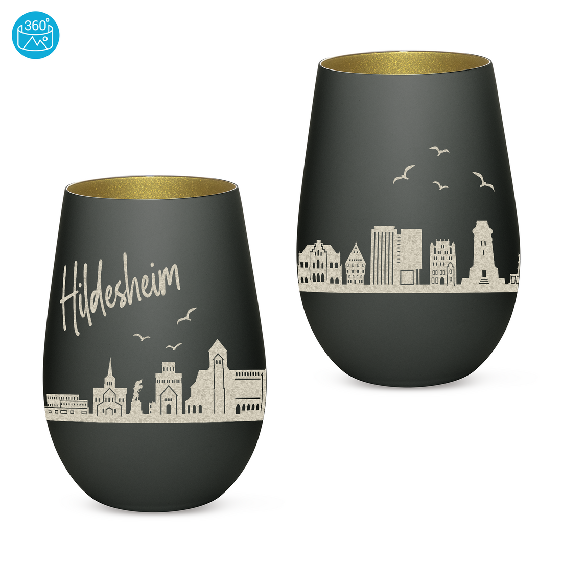 Edles Glas Windlicht mit Gravur "SKYLINE HILDESHEIM" in 6 verschiedenen Farben