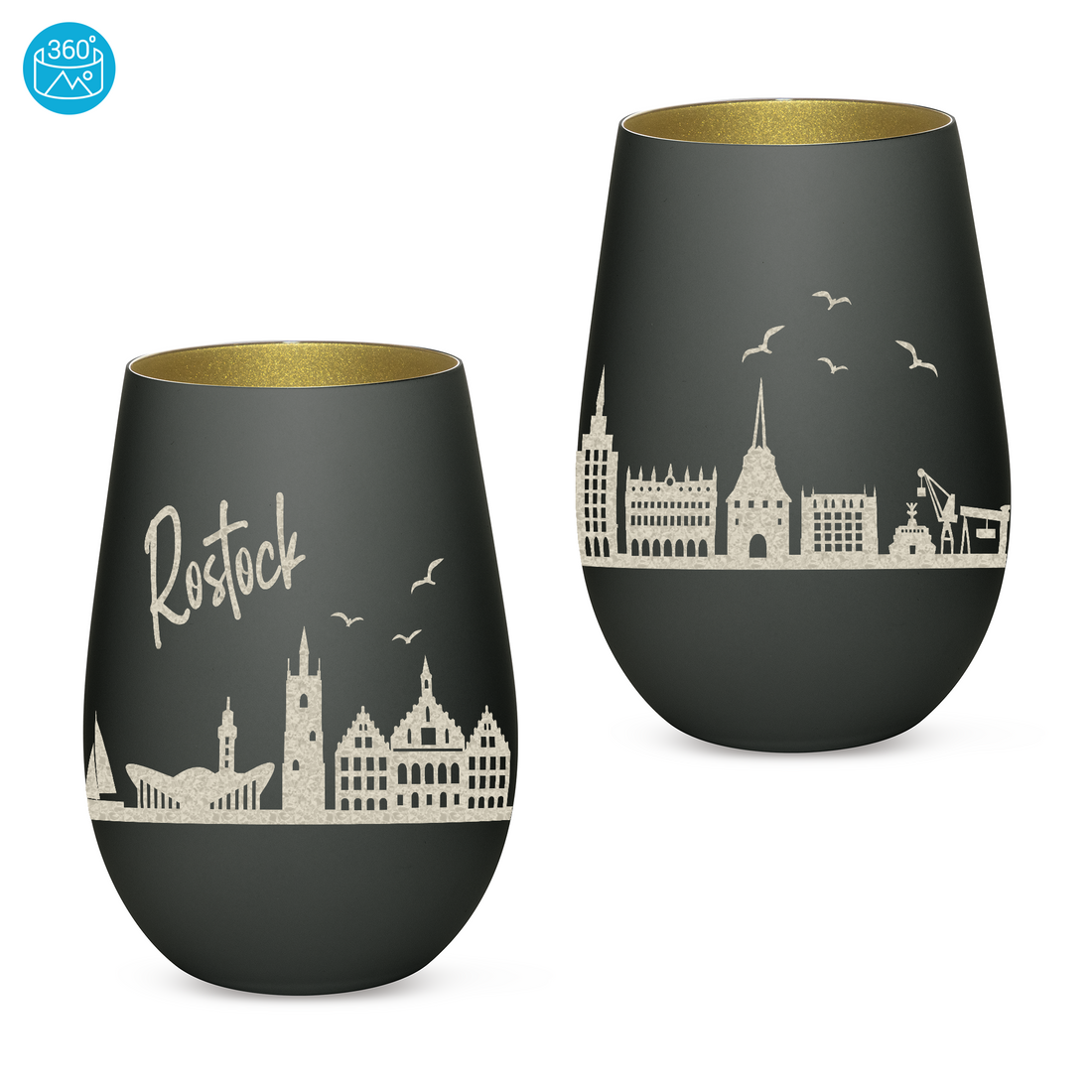 Edles Glas Windlicht mit Gravur "SKYLINE ROSTOCK" in 6 verschiedenen Farben