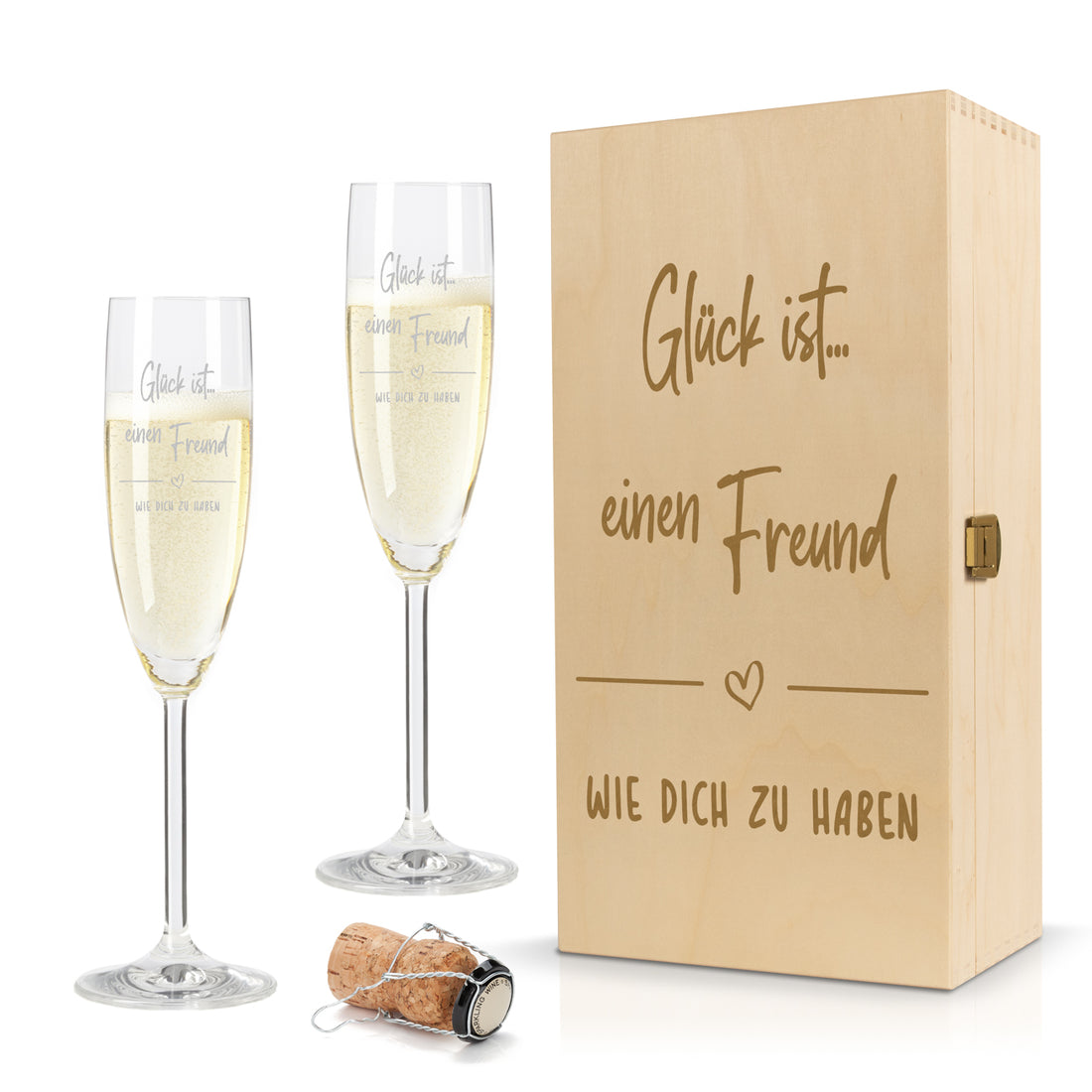 Sektglas mit Gravur Leonardo Daily "GLÜCK IST EINEN FREUND WIE DICH ZU HABEN" 2 Gläser und Holzbox klein