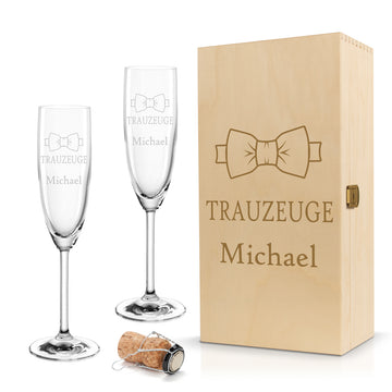 Sektglas mit Gravur Leonardo Daily "TRAUZEUGE" 1 Glas und Holzbox klein mit Wunschname