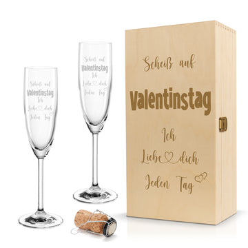 Sektglas mit Gravur Leonardo Daily "SCHEIß AUF VALENTINSTAG ICH LIEBE DICH JEDEN TAG" 2 Gläser und Holzbox klein