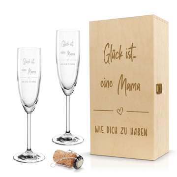 Sektglas mit Gravur Leonardo Daily "GLÜCK IST EINE MAMA WIE DICH ZU HABEN" 1 Glas und Holzbox klein