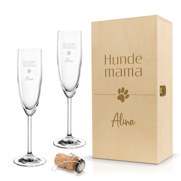 Sektglas mit Gravur Leonardo Daily "HUNDE MAMA MIT PFOTE" 1 Glas und Holzbox klein mit Wunschname