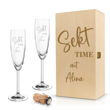 Sektglas mit Gravur Leonardo Daily "SEKT TIME" 2 Gläser und Holzbox klein mit Wunschname