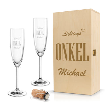 Sektglas mit Gravur Leonardo Daily "LIEBLINGS ONKEL" 1 Glas und Holzbox klein mit Wunschname