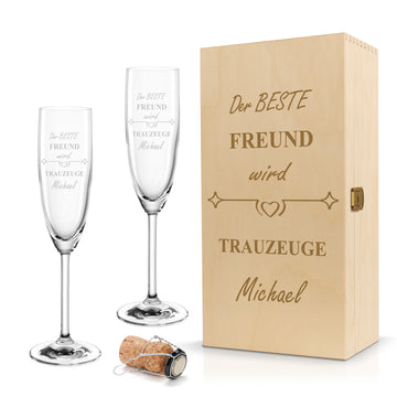 Sektglas mit Gravur Leonardo Daily "DER BESTE FREUND WIRD TRAUZEUGE" 1 Glas und Holzbox klein mit Wunschname