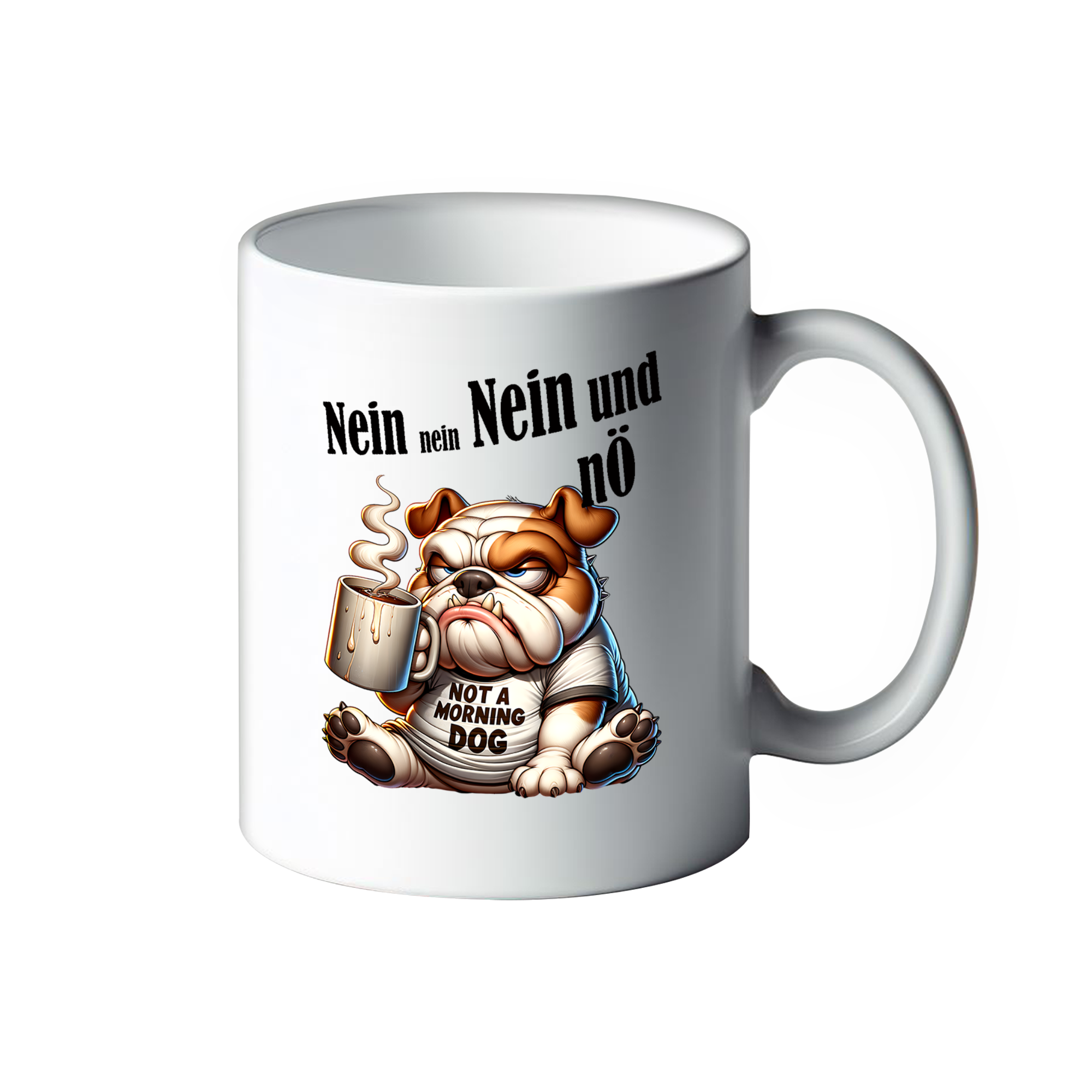 Lustige Tasse mit mürrischen Tieren "Nein nein nein und nÖ" Hund Krümel Kaffeebecher