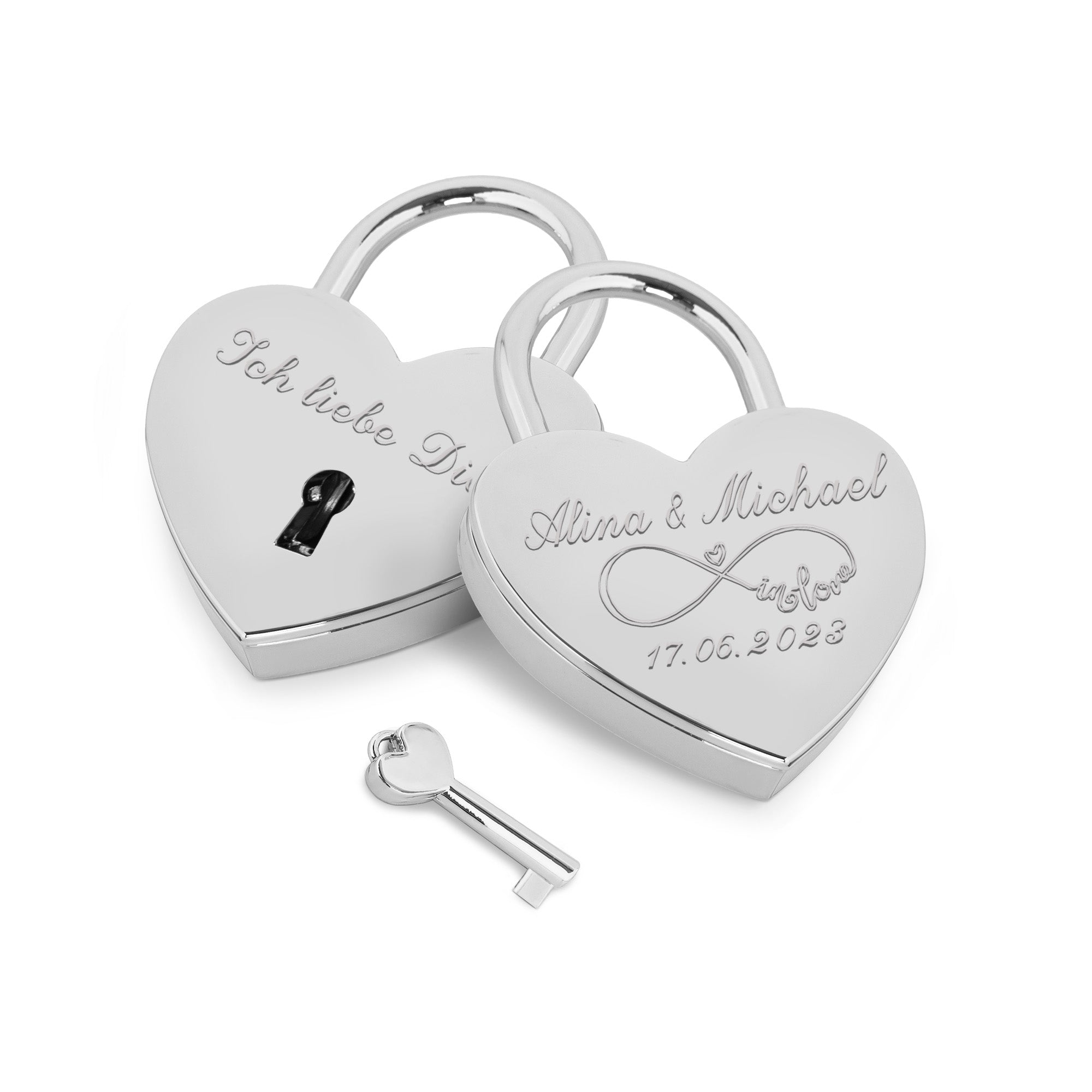 Herzschloss in Silber mit Gravur "Unendlich in LOVE" Liebesschloss personalisiert mit Wunschnamen in 4 ver. Farben