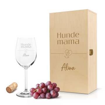 Weinglas mit Gravur Leonardo Daily Rotwein "HUNDE MAMA MIT HERZ" inkl. Holzbox klein mit Wunschname