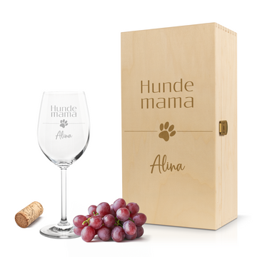 Weinglas mit Gravur Leonardo Daily Rotwein "HUNDE MAMA MIT PFOTE" inkl. Holzbox klein mit Wunschname