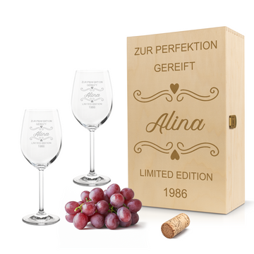 Weinglas mit Gravur Leonardo Daily Rotwein "ZUR PERFEKTION GEREIFT LIMITED EDITION" 2 Gläser und Holzbox groß mit Wunschname & Datum