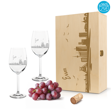 Weinglas mit Gravur Leonardo Daily Rotwein "SKYLINE ESSEN" 2 Gläser und Holzbox groß