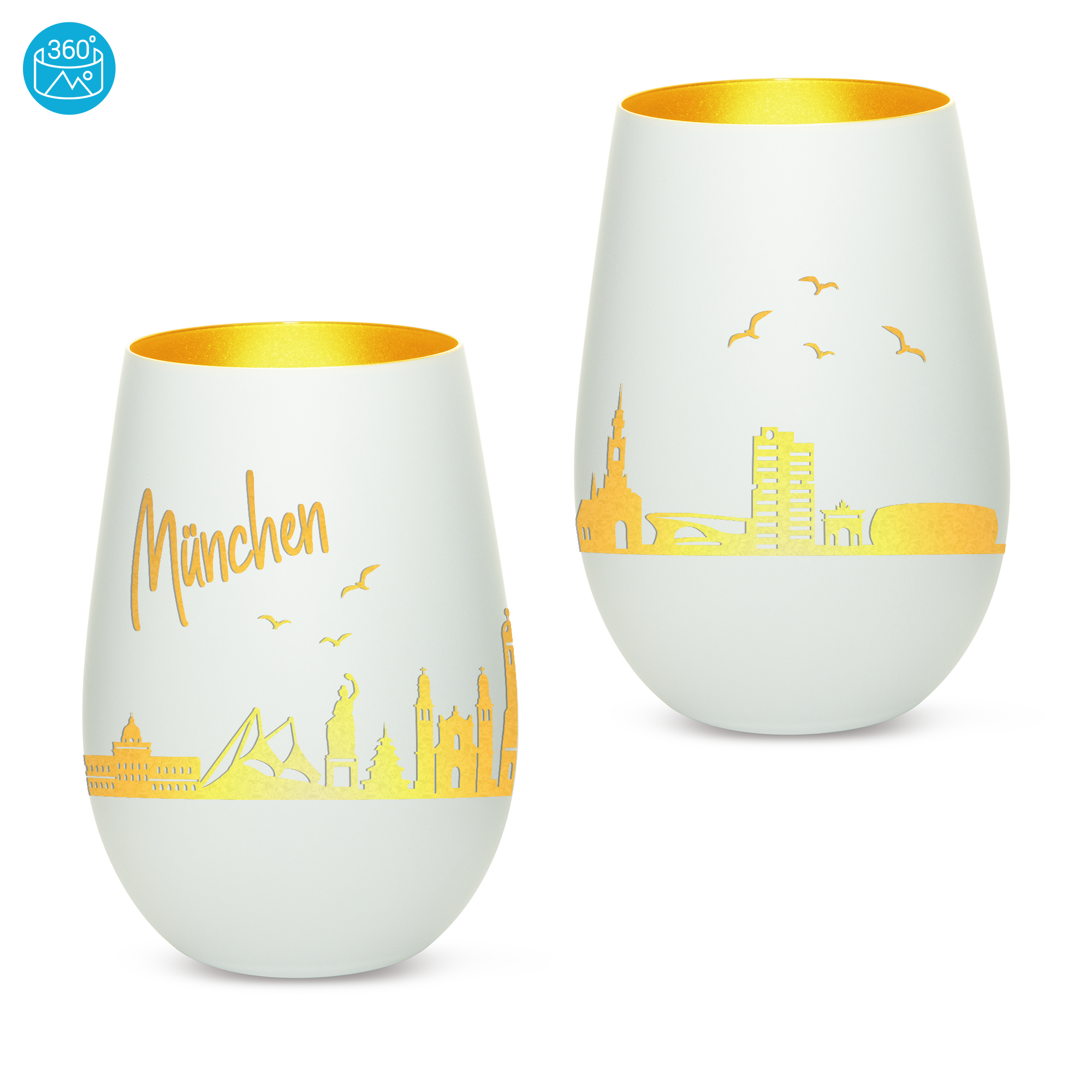 Edles Glas Windlicht mit Gravur "SKYLINE MÜNCHEN" in 6 verschiedenen Farben