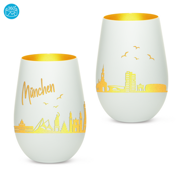 Edles Glas Windlicht mit Gravur "SKYLINE MÜNCHEN" in 6 verschiedenen Farben