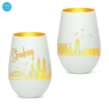 Edles Glas Windlicht mit Gravur "SKYLINE STRAUBING" in 6 verschiedenen Farben