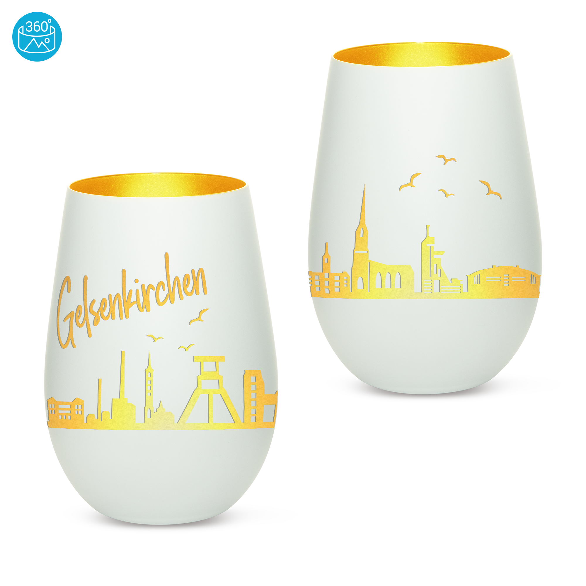 Edles Glas Windlicht mit Gravur "SKYLINE GELSENKIRCHEN" in 6 verschiedenen Farben