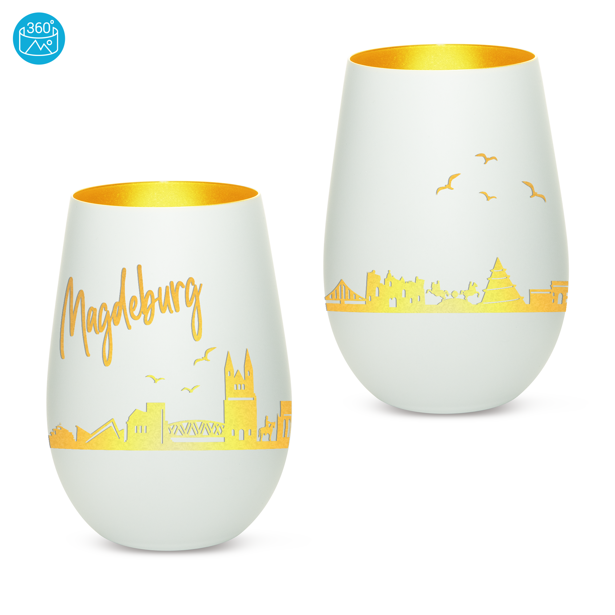 Edles Glas Windlicht mit Gravur "SKYLINE MAGDEBURG" in 6 verschiedenen Farben