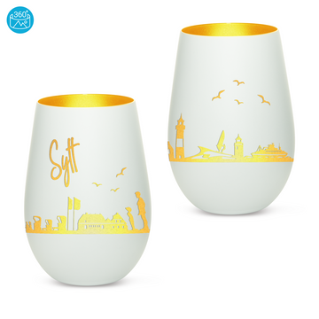 Edles Glas Windlicht mit Gravur "SKYLINE SYLT" in 6 verschiedenen Farben