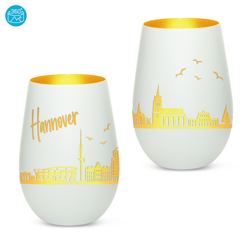 Edles Glas Windlicht mit Gravur "SKYLINE HANNOVER" in 6 verschiedenen Farben