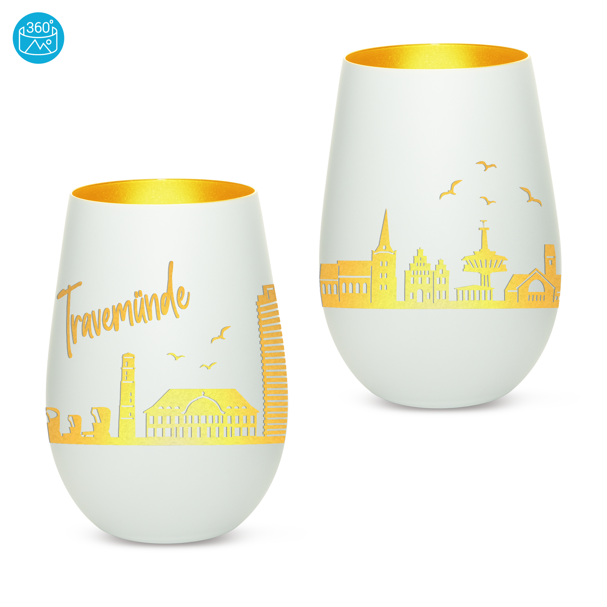 Edles Glas Windlicht mit Gravur "SKYLINE TRAVEMÜNDE" in 6 verschiedenen Farben