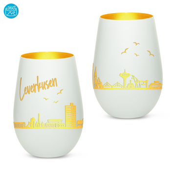 Edles Glas Windlicht mit Gravur "SKYLINE LEVERKUSEN" in 6 verschiedenen Farben