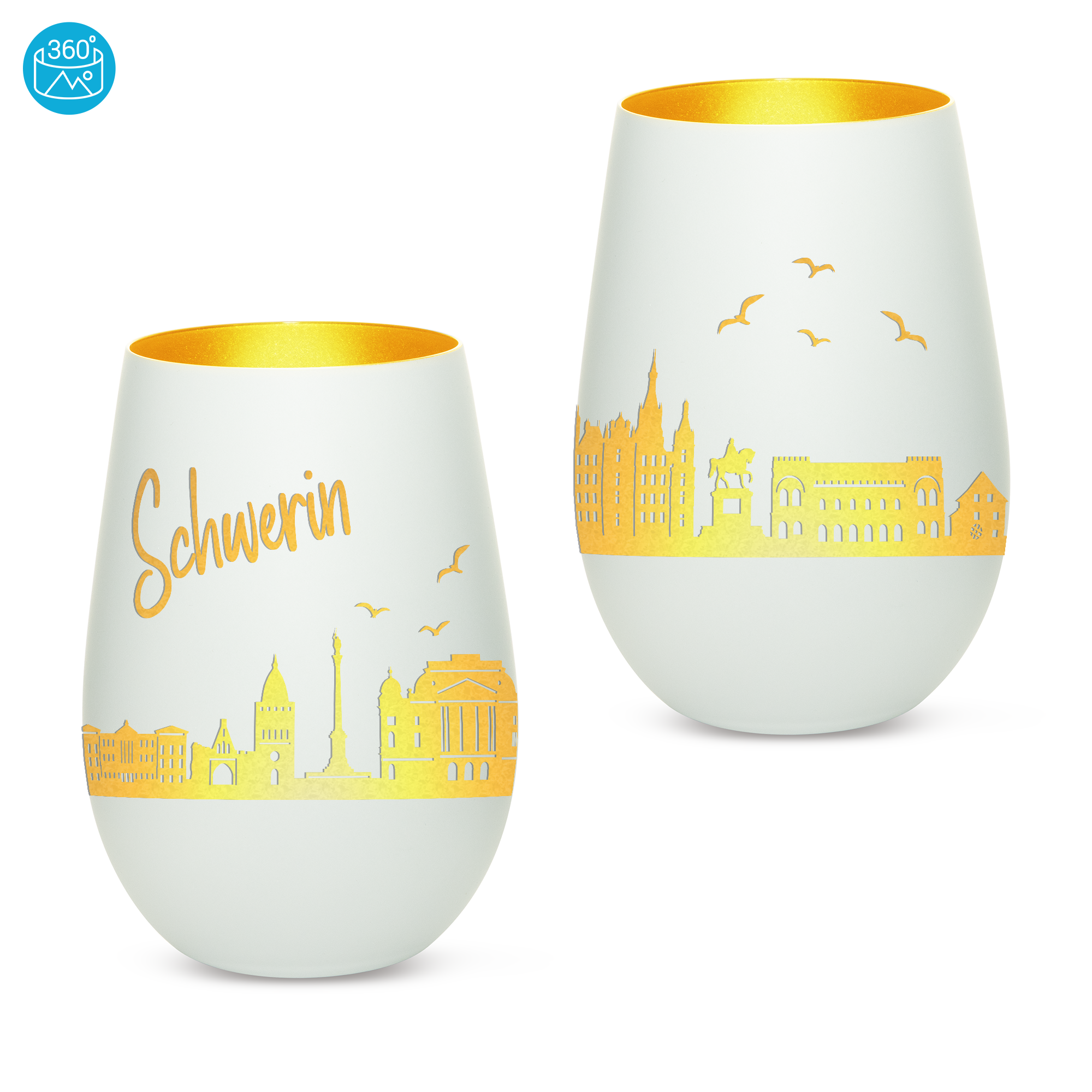 Edles Glas Windlicht mit Gravur "SKYLINE SCHWERIN" in 6 verschiedenen Farben