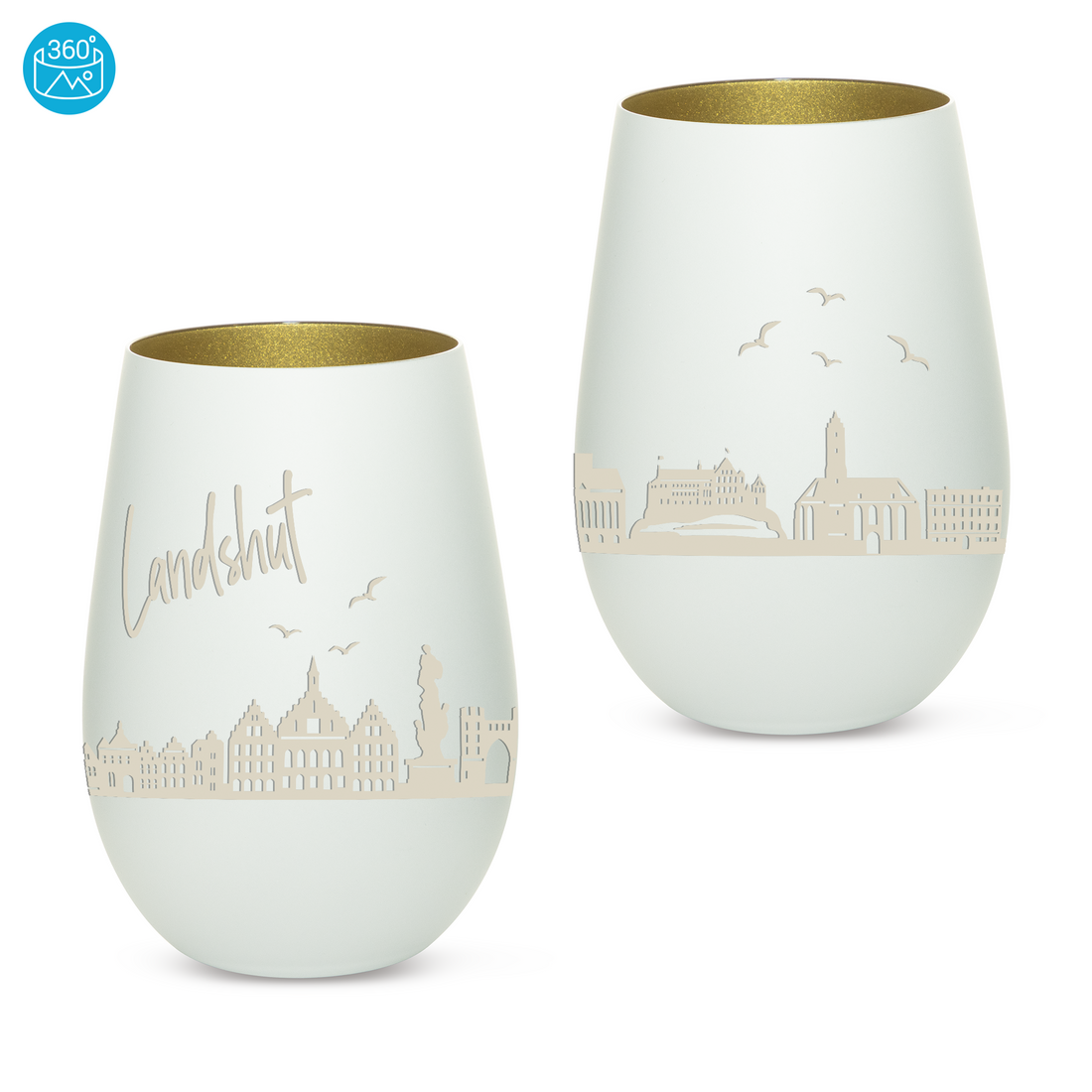 Edles Glas Windlicht mit Gravur "SKYLINE LANDSHUT" in 6 verschiedenen Farben