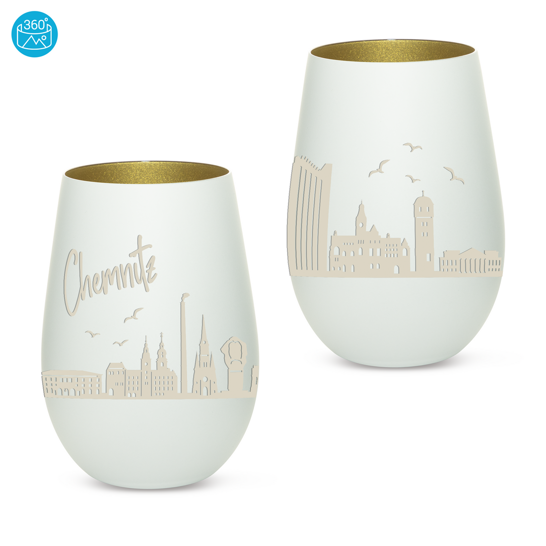 Edles Glas Windlicht mit Gravur "SKYLINE CHEMNITZ" in 6 verschiedenen Farben