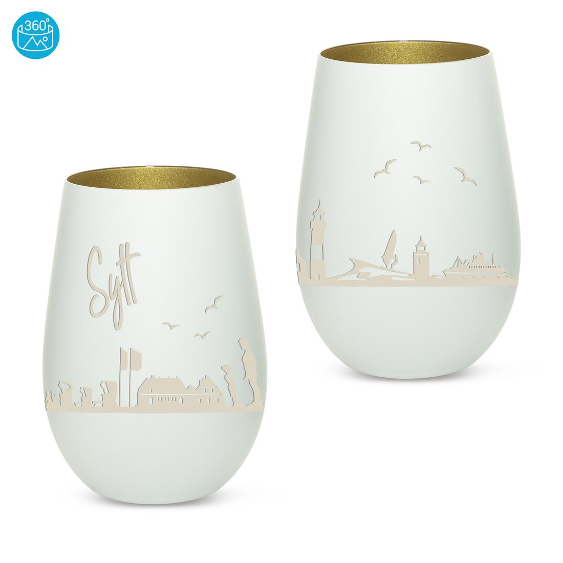 Edles Glas Windlicht mit Gravur "SKYLINE SYLT" in 6 verschiedenen Farben