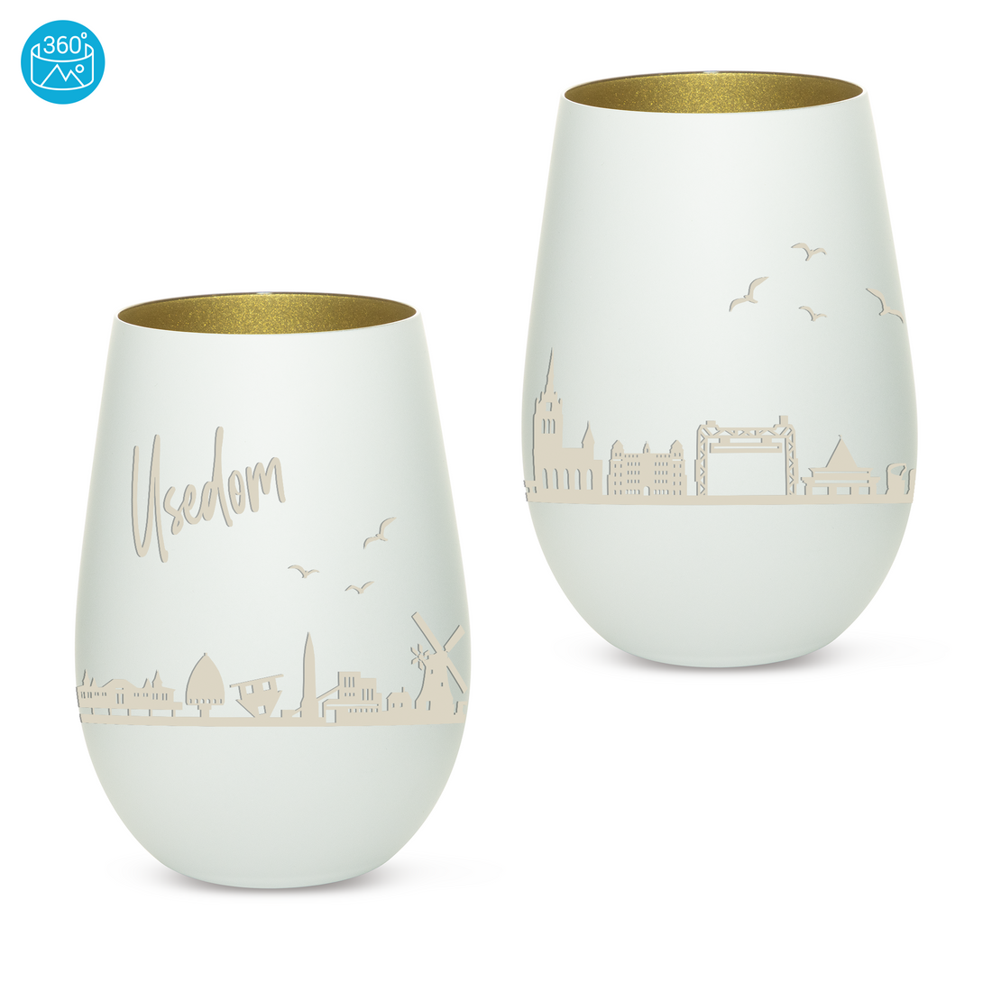 Edles Glas Windlicht mit Gravur "SKYLINE USEDOM" in 6 verschiedenen Farben