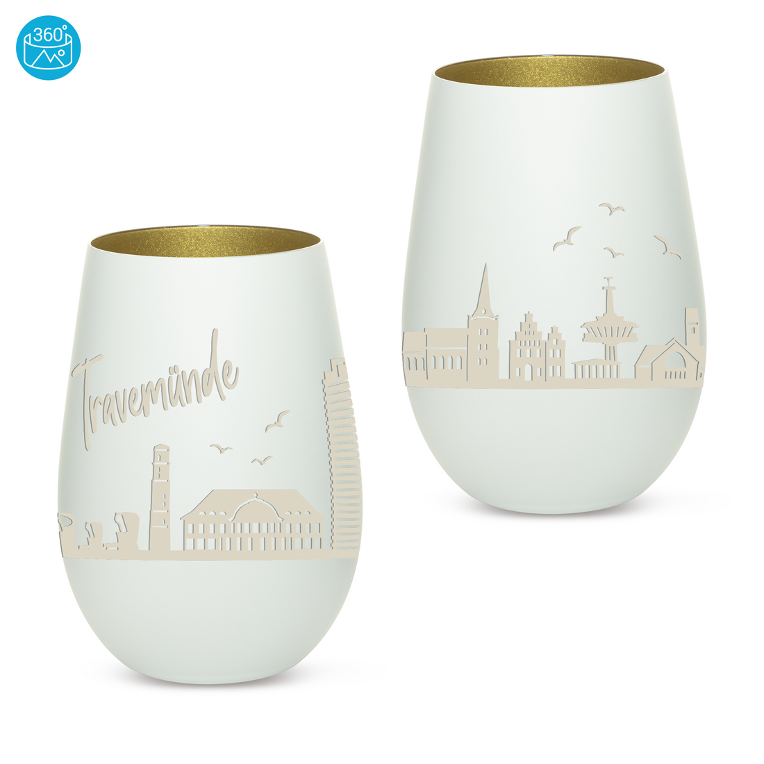 Edles Glas Windlicht mit Gravur "SKYLINE TRAVEMÜNDE" in 6 verschiedenen Farben