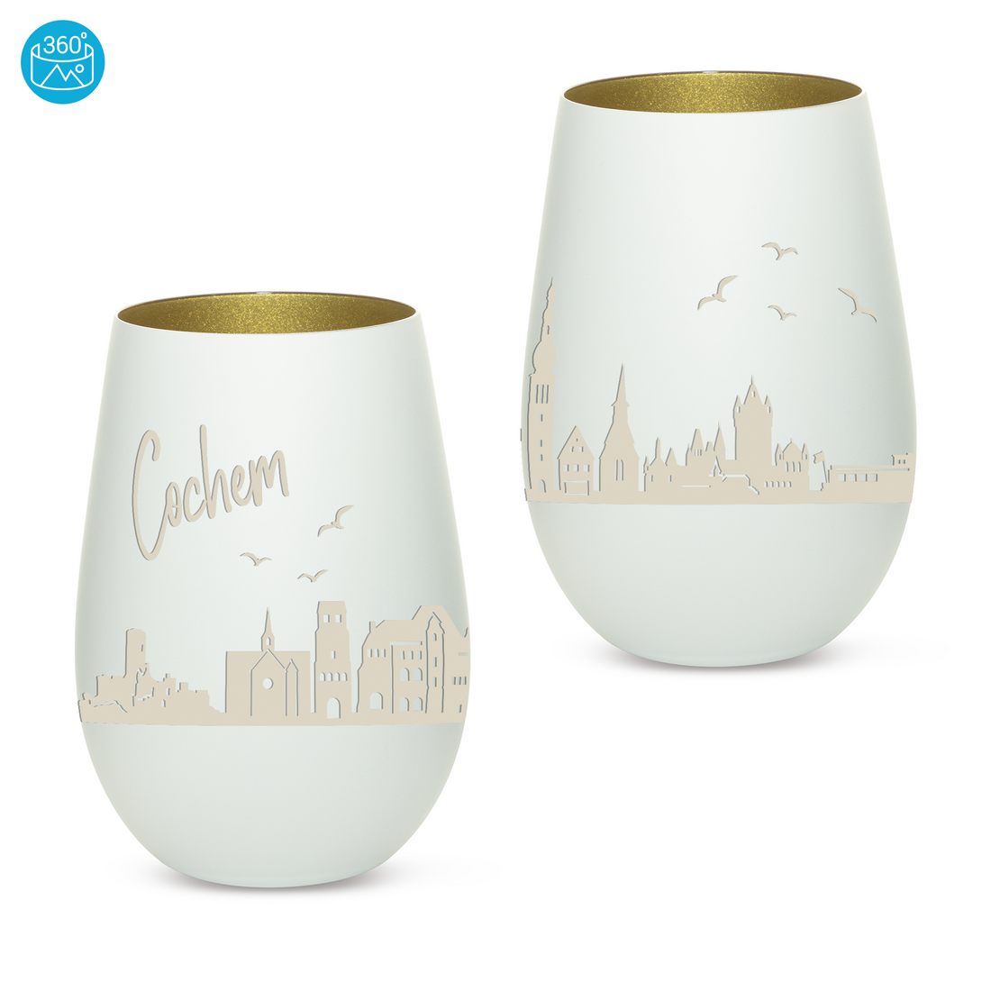 Edles Glas Windlicht mit Gravur "SKYLINE COCHEM" in 6 verschiedenen Farben