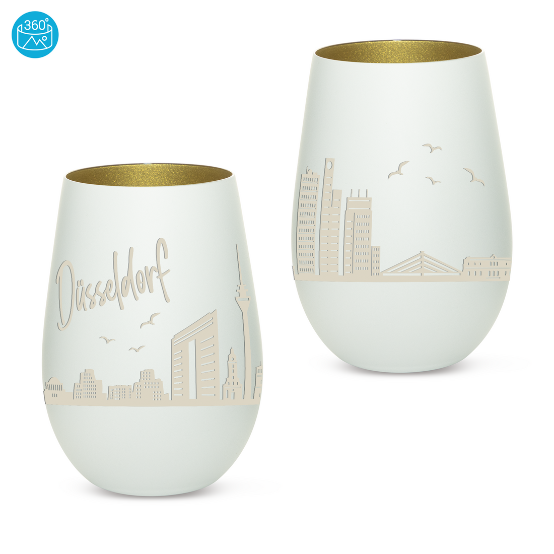 Edles Glas Windlicht mit Gravur "SKYLINE DÜSSELDORF" in 6 verschiedenen Farben