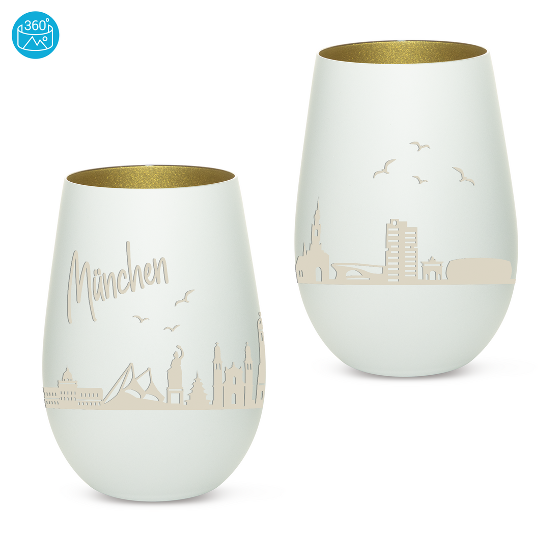 Edles Glas Windlicht mit Gravur "SKYLINE MÜNCHEN" in 6 verschiedenen Farben