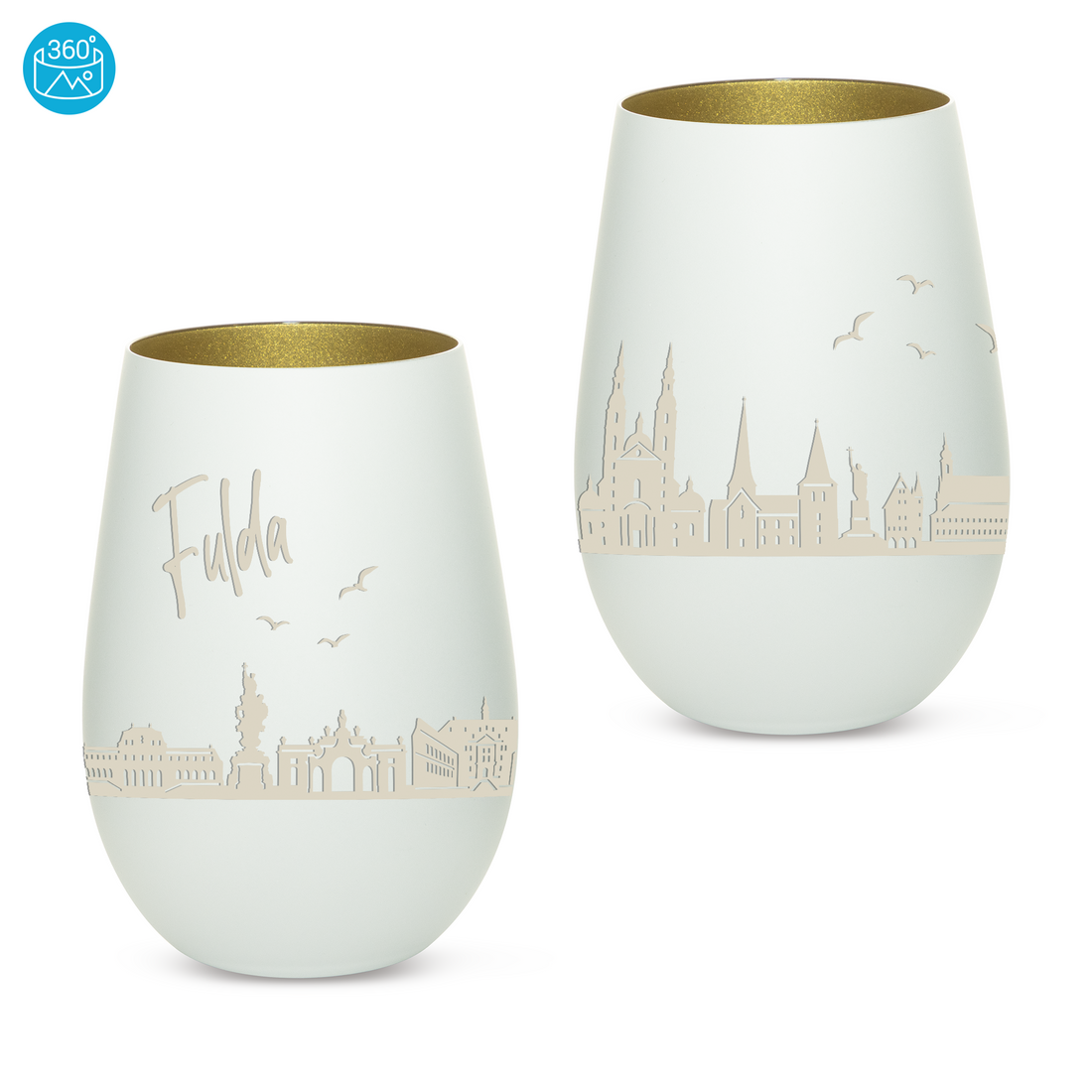 Edles Glas Windlicht mit Gravur "SKYLINE FULDA" in 6 verschiedenen Farben