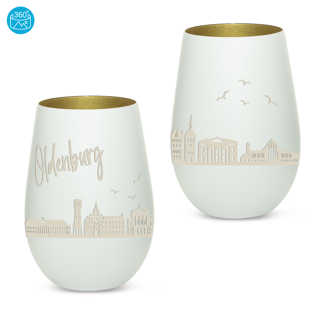 Edles Glas Windlicht mit Gravur "SKYLINE OLDENBURG" in 6 verschiedenen Farben