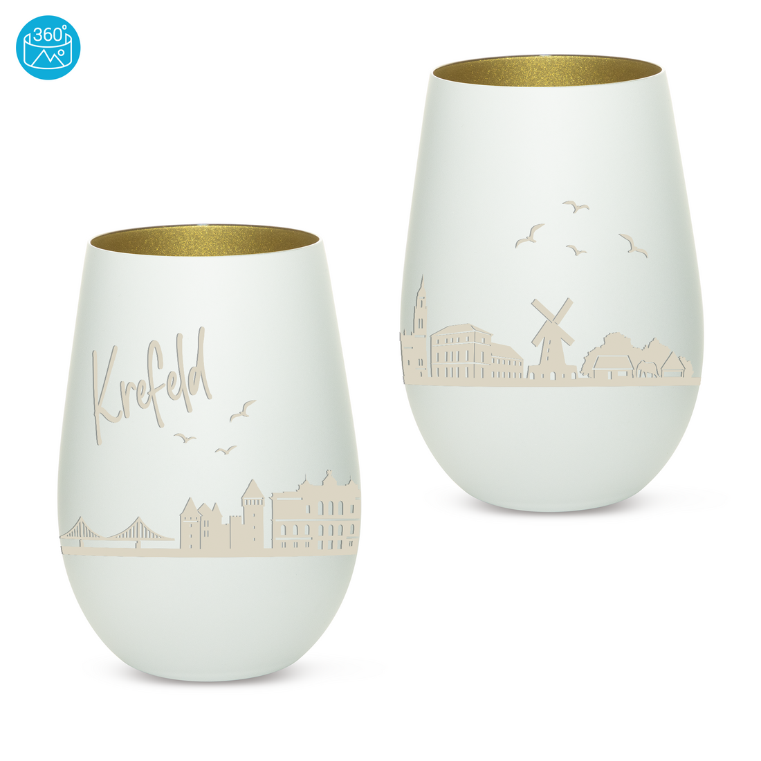 Edles Glas Windlicht mit Gravur "SKYLINE KREFELD" in 6 verschiedenen Farben