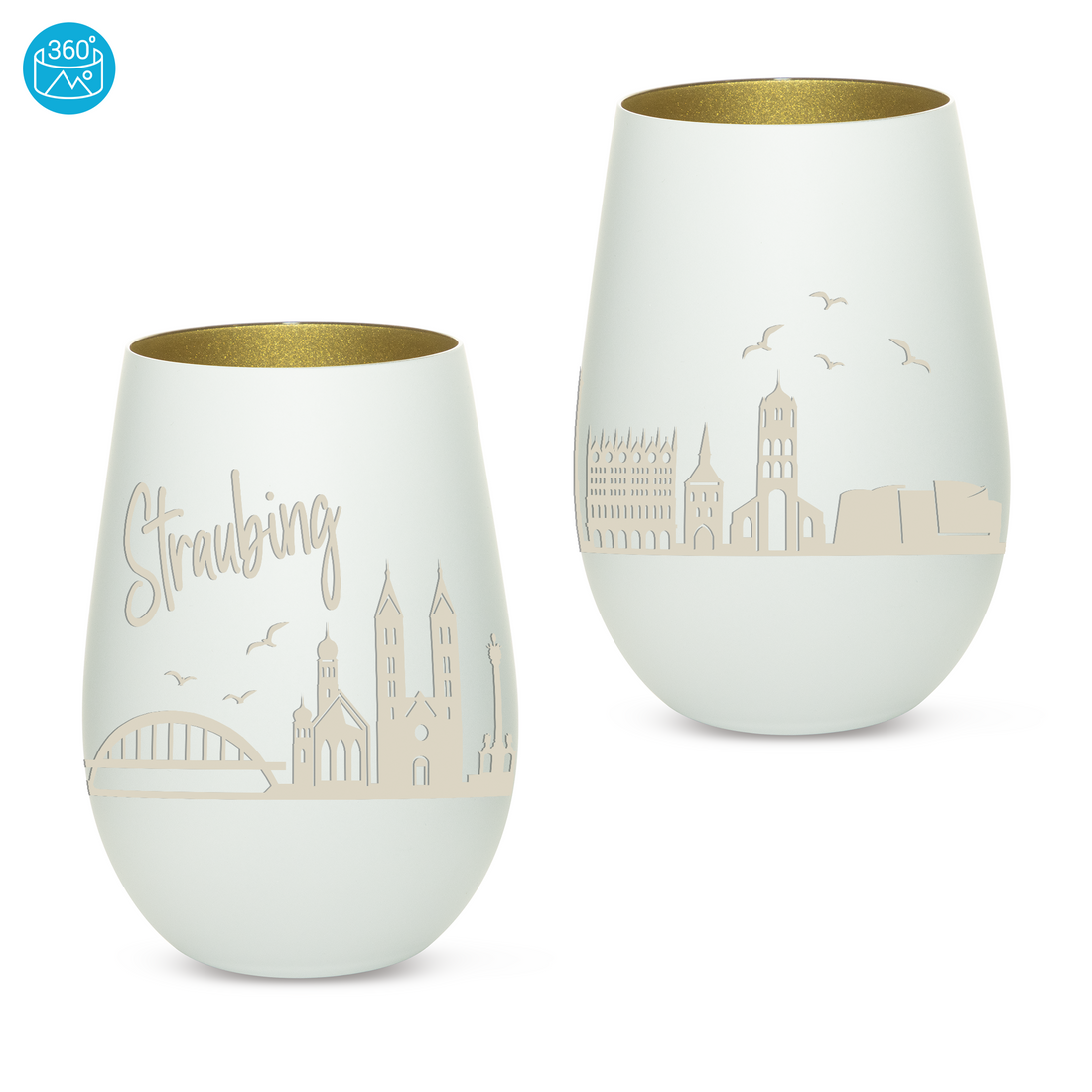 Edles Glas Windlicht mit Gravur "SKYLINE STRAUBING" in 6 verschiedenen Farben